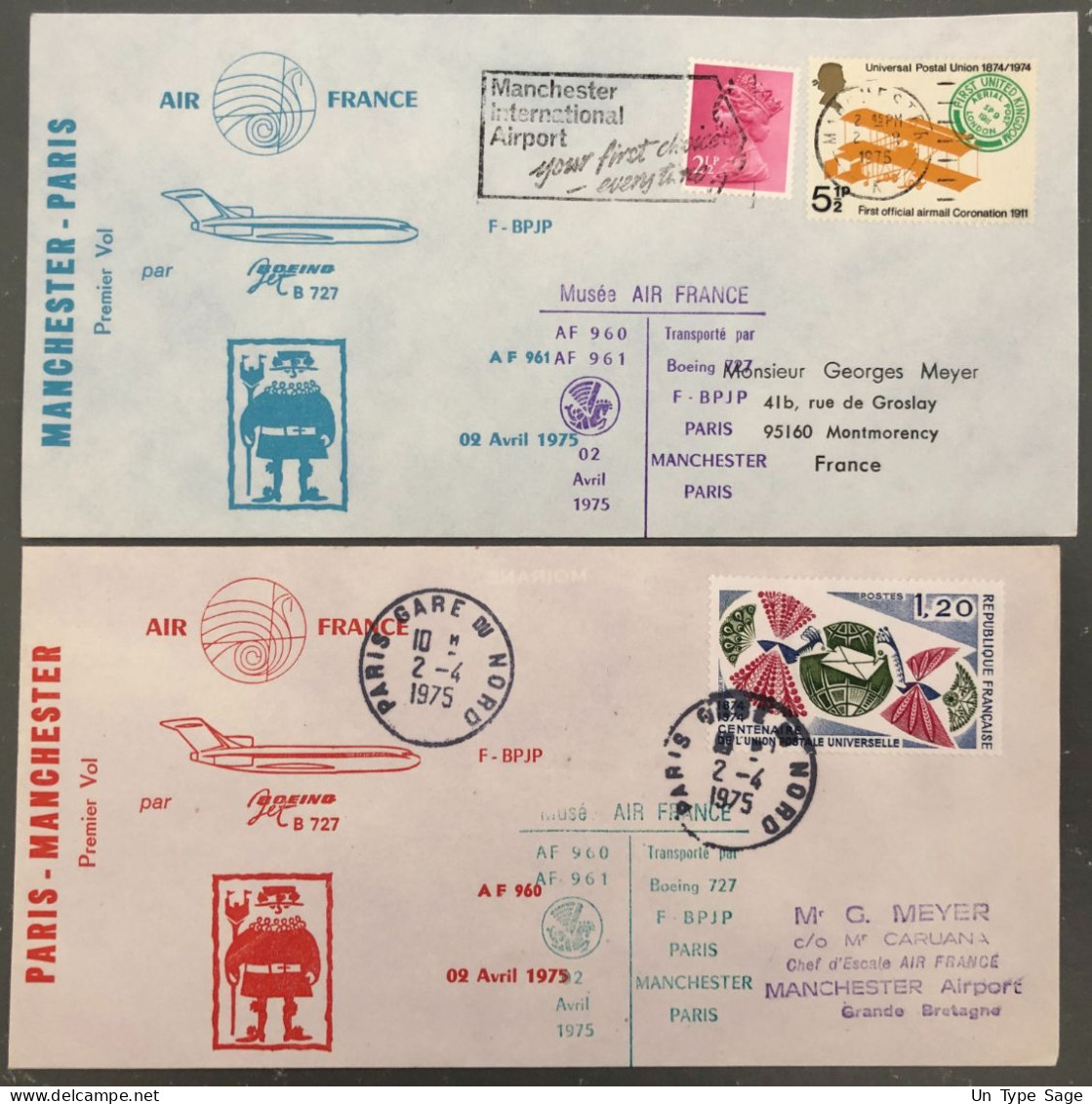 France, Premier Vol Paris, Manchester 2.'.1975 - 2 Enveloppes - (B1470) - Erst- U. Sonderflugbriefe