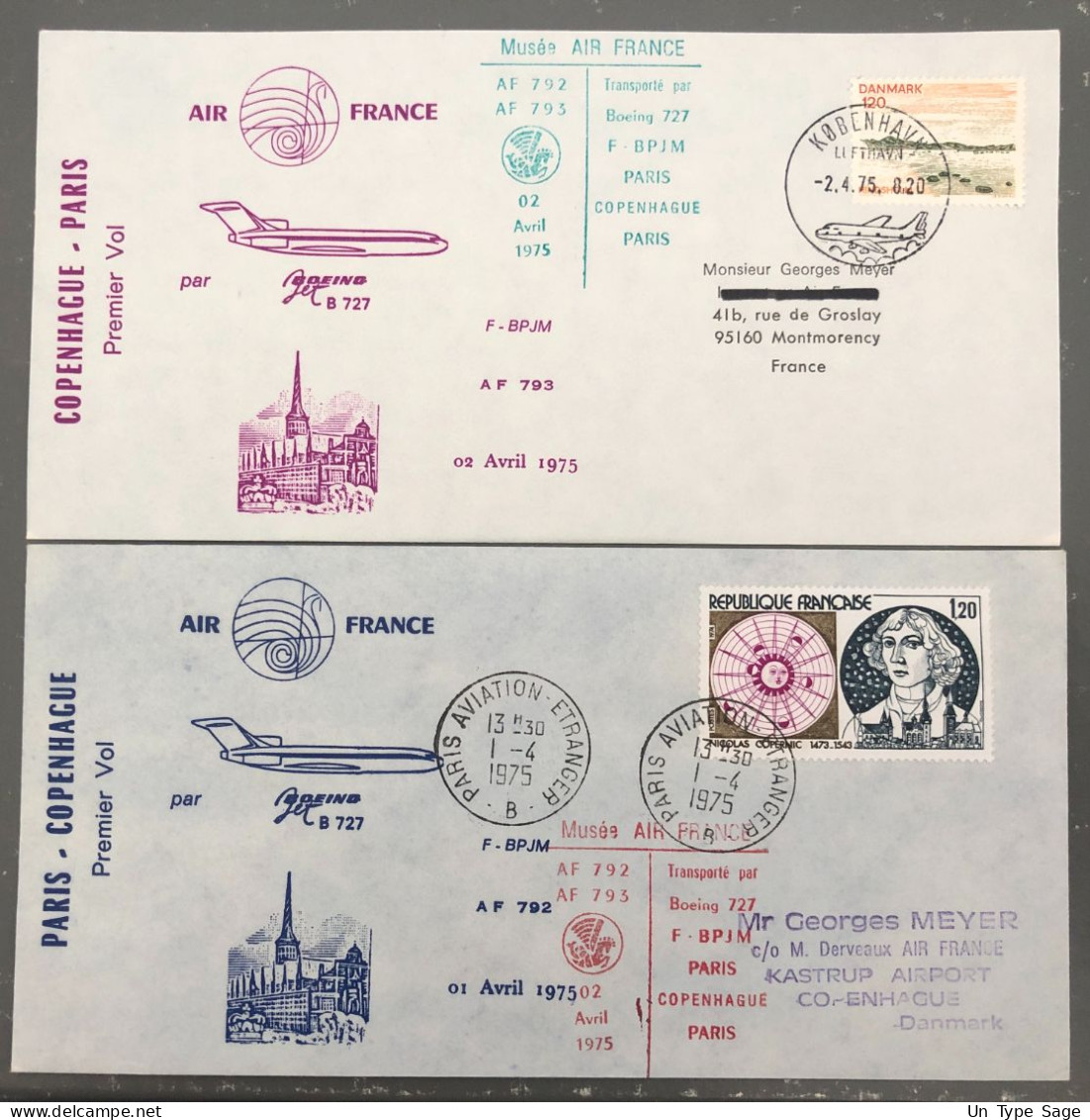 France, Premier Vol Paris, Copenhague 1.4.1975 - 2 Enveloppes - (B1472) - Primeros Vuelos
