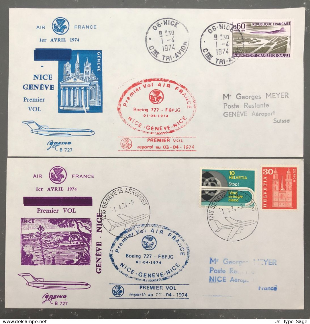 France, Premier Vol Nice, Genève 3.4.1974 - 2 Enveloppes - (B1473) - Erst- U. Sonderflugbriefe