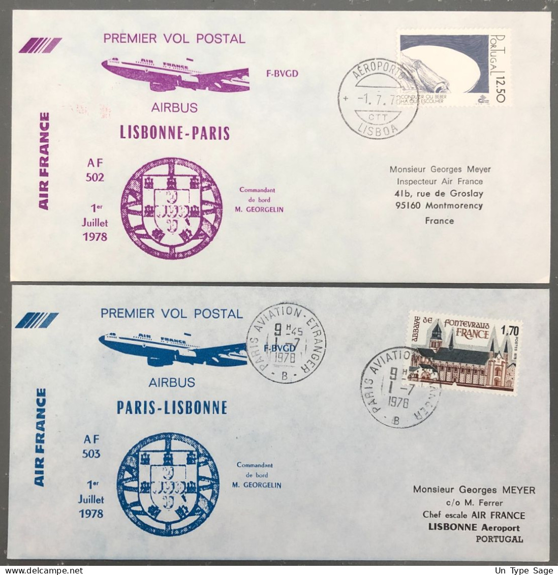 France, Premier Vol Paris, Lisbonne 1.7.1978 - 2 Enveloppes - (B1477) - Erst- U. Sonderflugbriefe