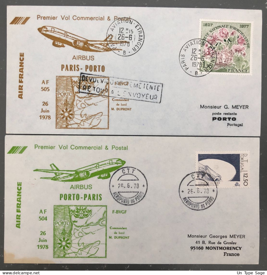 France, Premier Vol Paris, Porto 26.6.1978 - 2 Enveloppes - (B1479) - First Flight Covers