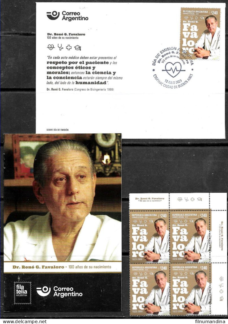 #75276 ARGENTINA 2023 DR RENE FAVALORO SURGEON MEDICINE COMBO BLX4+FDC+BROCHURE - Neufs