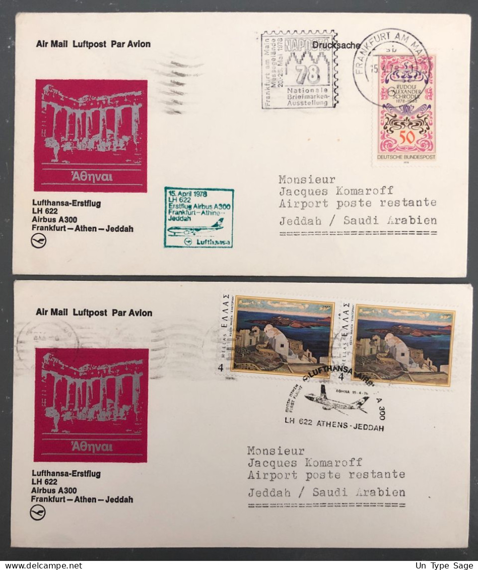 Allemagne, Premier Vol Jeddah, Athen, Frankfurt - 2 Enveloppes - (B1489) - Primeros Vuelos