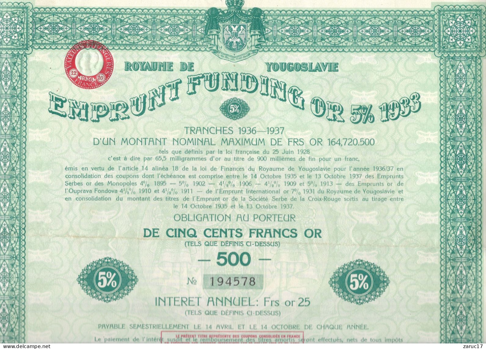 ACTION OBLIGATION 5% 1933 OR ROYAUME DE YOUGOSLAVIE 500 FRANCS OR  AU PORTEUR Couleur Verte Pastel - W - Z