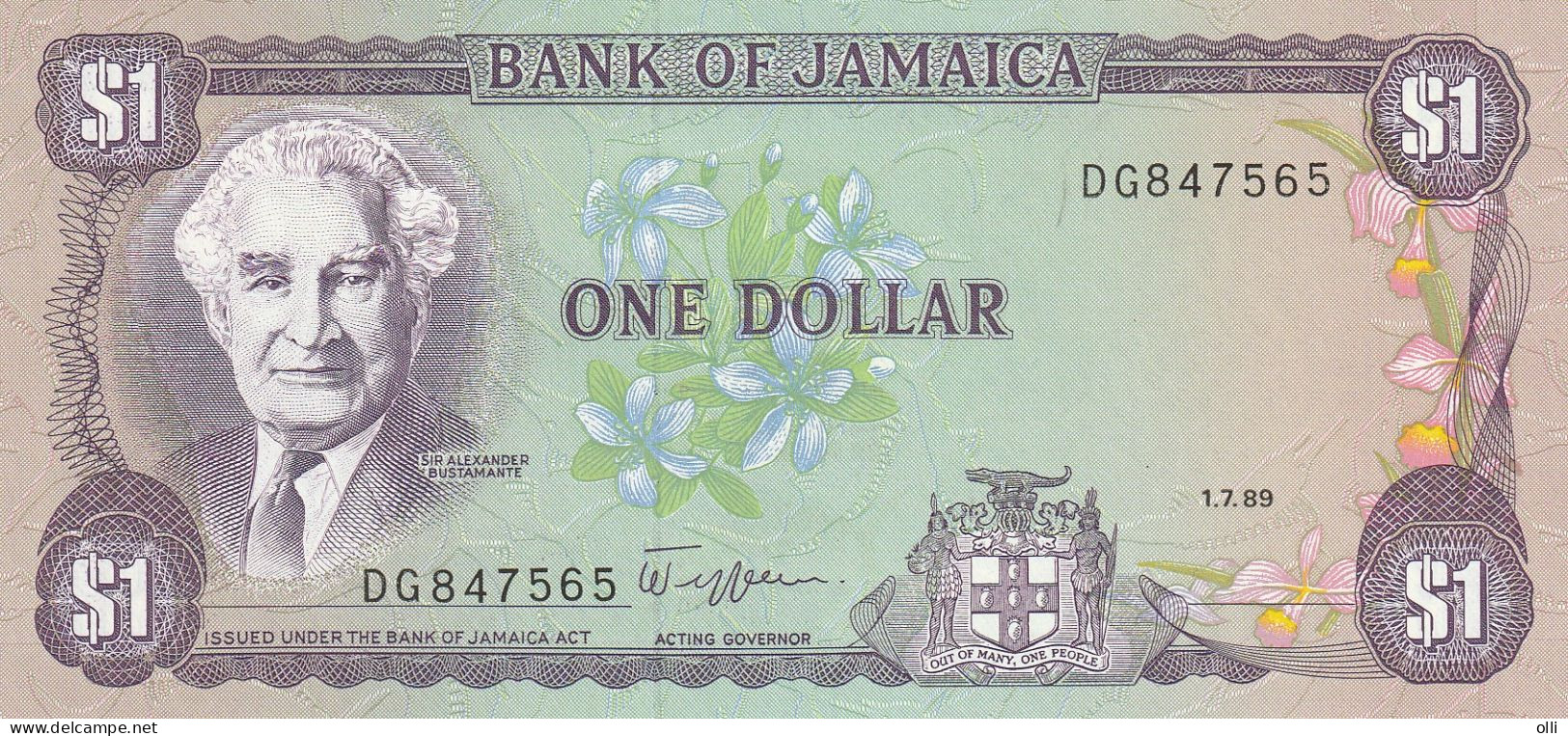 Jamaica 1 Dollars,  1989  P-68Ac   UNC - Jamaica