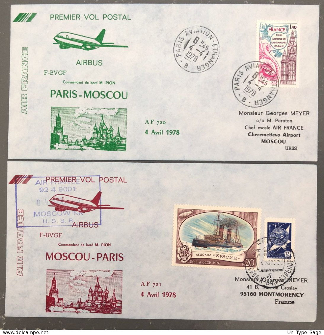 France, Premier Vol Paris, Moscou 4.4.1978 - 2 Enveloppes - (B1490) - Primi Voli