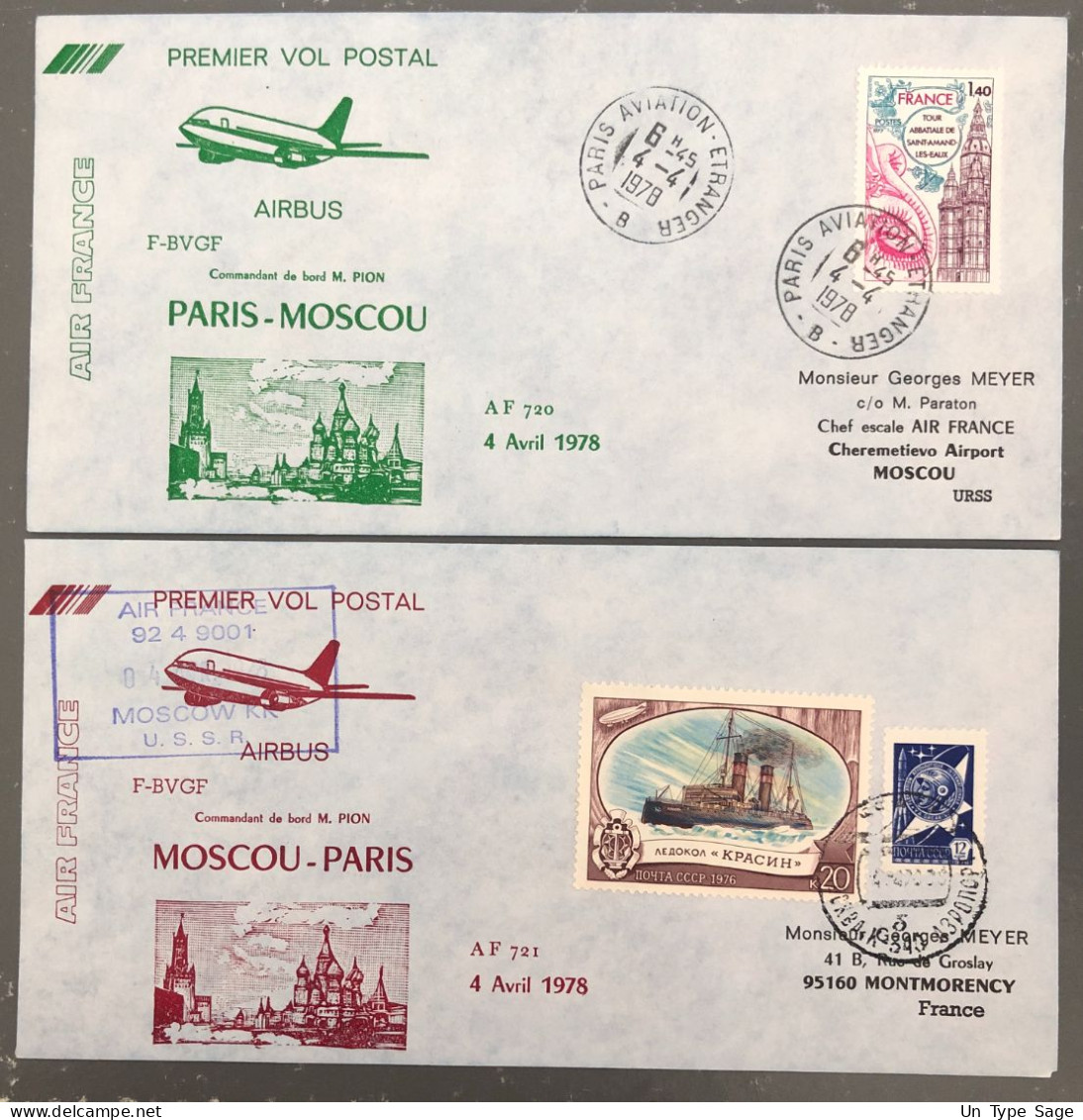 France, Premier Vol Paris, Moscou 4.4.1978 - 2 Enveloppes - (B1490) - First Flight Covers