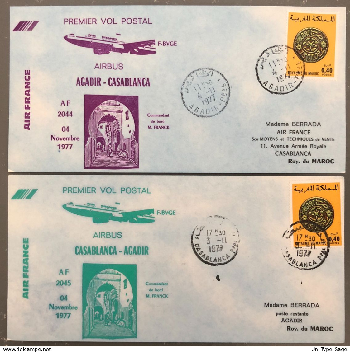 France, Premier Vol (Air France) Casablanca, Agdir, 4.11.1977 - 2 Enveloppes - (B1493) - Primi Voli