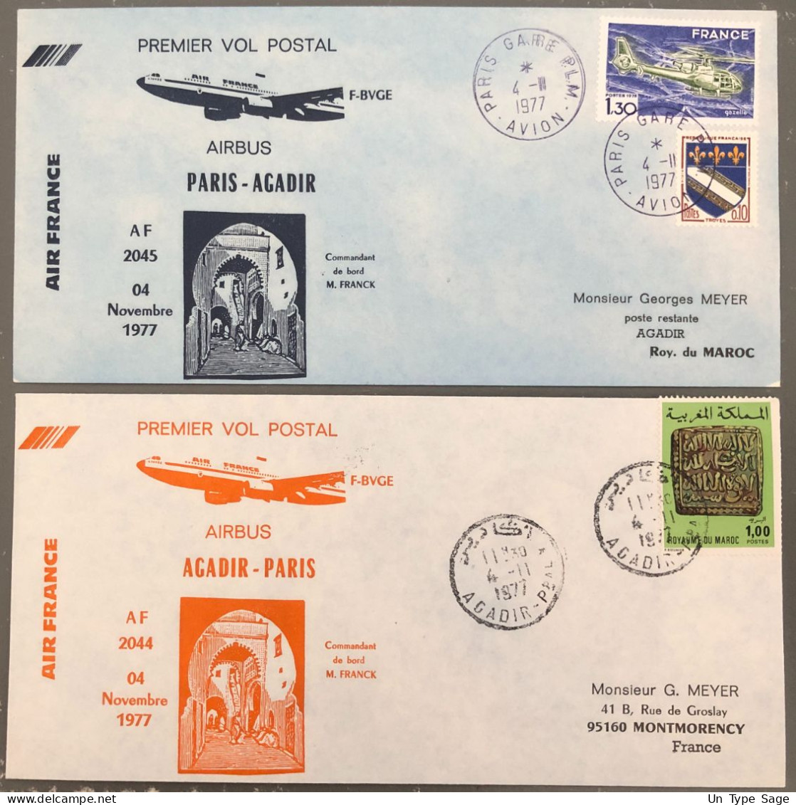 France, Premier Vol (Air France) Paris, Agdir, 4.11.1977 - 2 Enveloppes - (B1494) - First Flight Covers