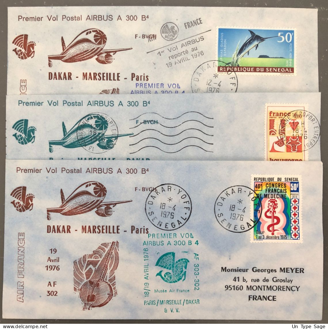 France, Premier Vol (Air France) Paris, Marseille, Dakar, 19.4.1976 - 3 Enveloppes - (B1499) - Premiers Vols