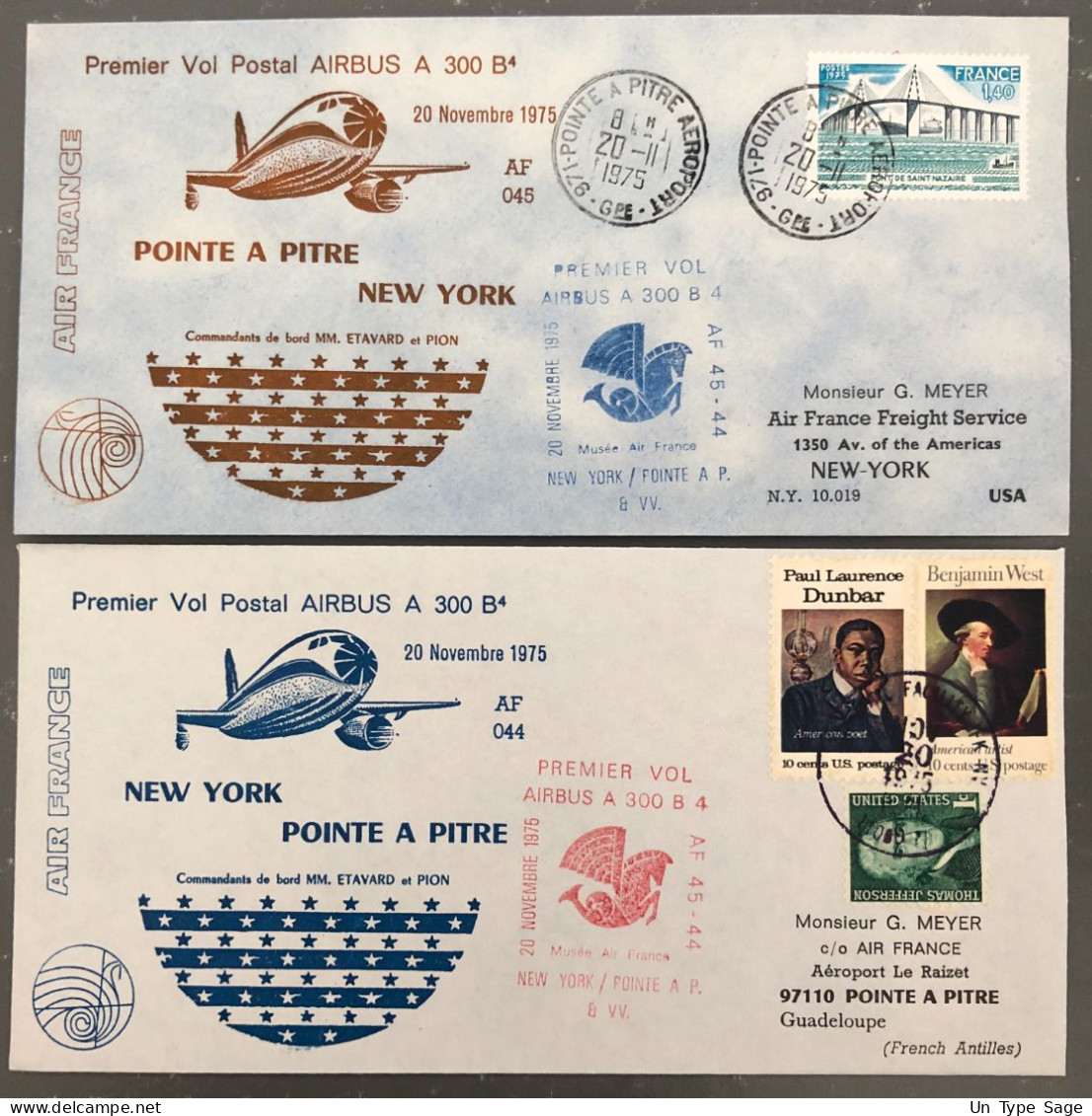 France, Premier Vol (Air France) New York, Point à Pitre, 20.11.1975 - 2 Enveloppes - (B1504) - Erst- U. Sonderflugbriefe