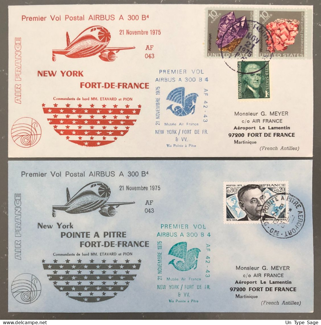 France, Premier Vol (Air France) New York, Point à Pitre, Fort De France 21.11.1975 - 2 Enveloppes - (B1506) - First Flight Covers