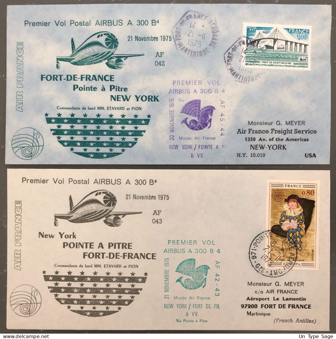 France, Premier Vol (Air France) New York, Point à Pitre, Fort De France 21.11.1975 - 2 Enveloppes - (B1507) - First Flight Covers