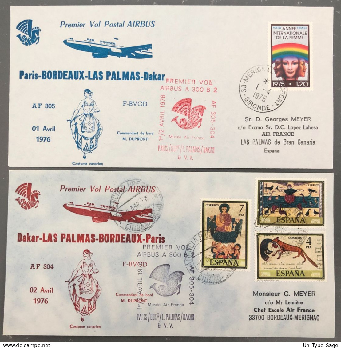 France, Premier Vol (Air France) Paris, Bordeaux, Las Palmas, Dakar 2.4.1976 - 2 Enveloppes - (B1510) - First Flight Covers
