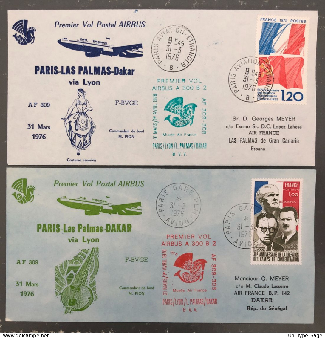 France, Premier Vol (Air France) Paris, Las Palmas, Dakar 31.3.1976 - 2 Enveloppes - (B1517) - First Flight Covers