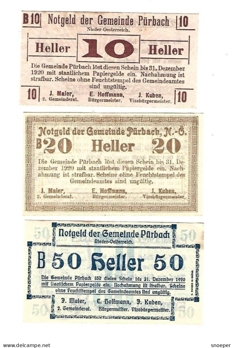 **notgeld   Austria Purbach 10+20+50heller  793.2/a2+d1+g  Cat Val 4,00 Euro - Oesterreich