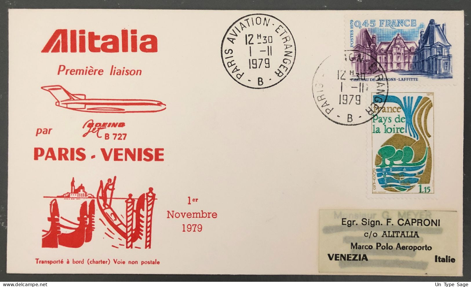 France, Premier Vol Paris, Venise 1.11.1979 - (B1556) - First Flight Covers