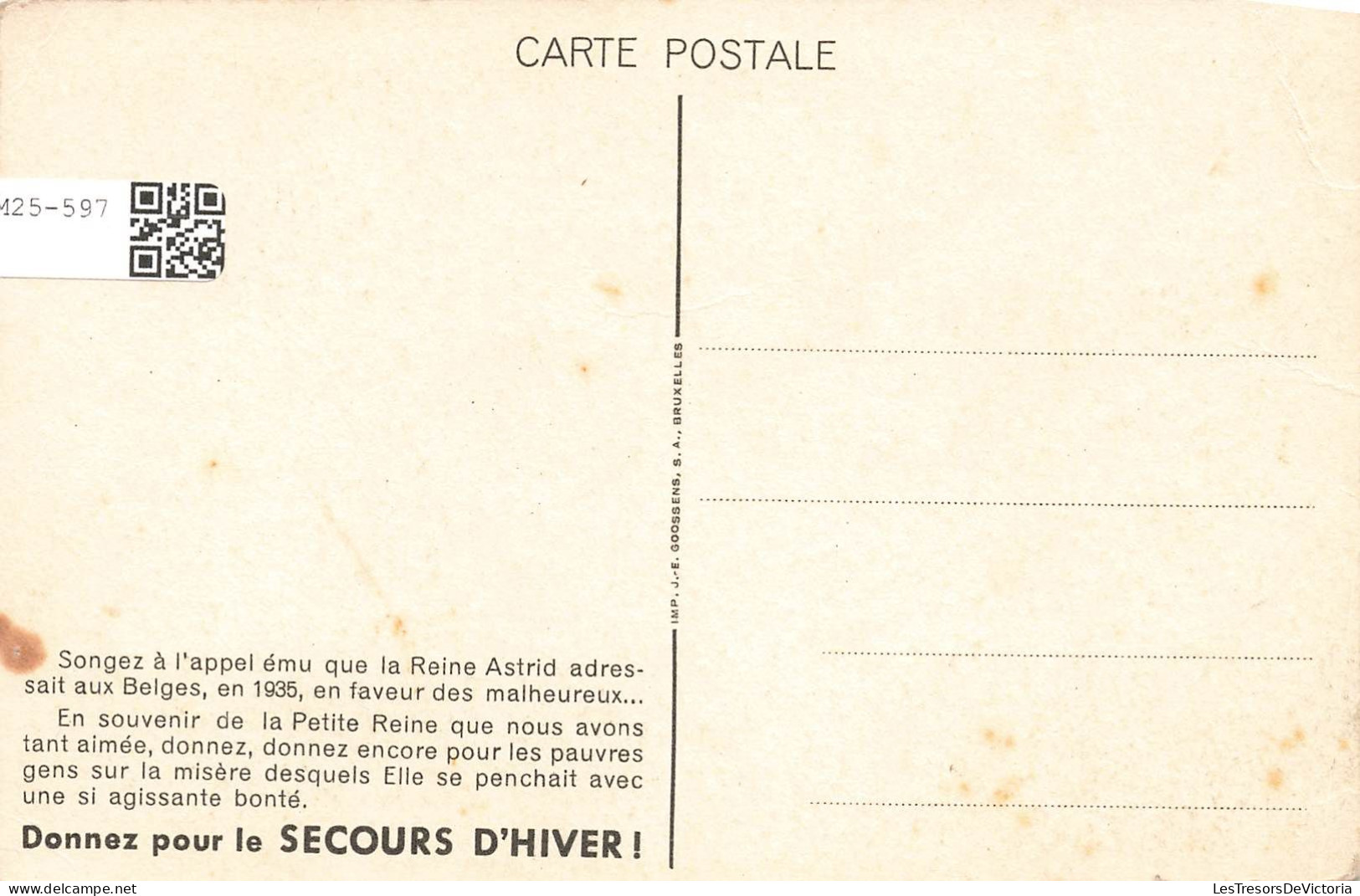 POLITIQUE - Evènement - Aidez De Tout Votre Coeur L'Oeuvre Du Secours D'Hiver - Reine Astrid - Carte Postale Ancienne - Eventos