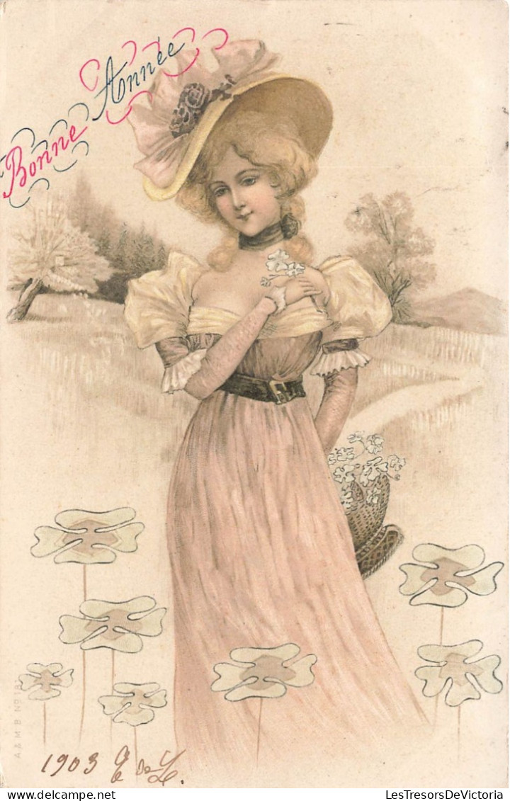 FÊTES ET VOEUX - Nouvel An - Une Dame Avec Un Beau Chapeau Cueillant Des Fleurs - Colorisé - Carte Postale Ancienne - Nouvel An