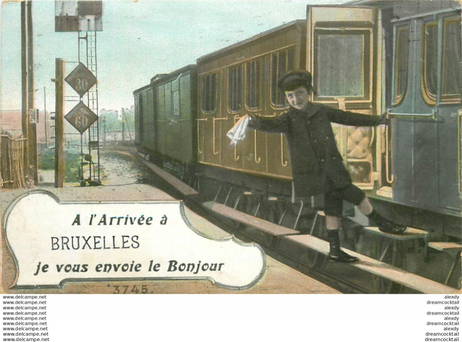 (XX) Carte Montage Gare Train Locomotive Voyageuse Voyageur. J'arrive Ou Pars BRUXELLES En 1909 - Spoorwegen, Stations