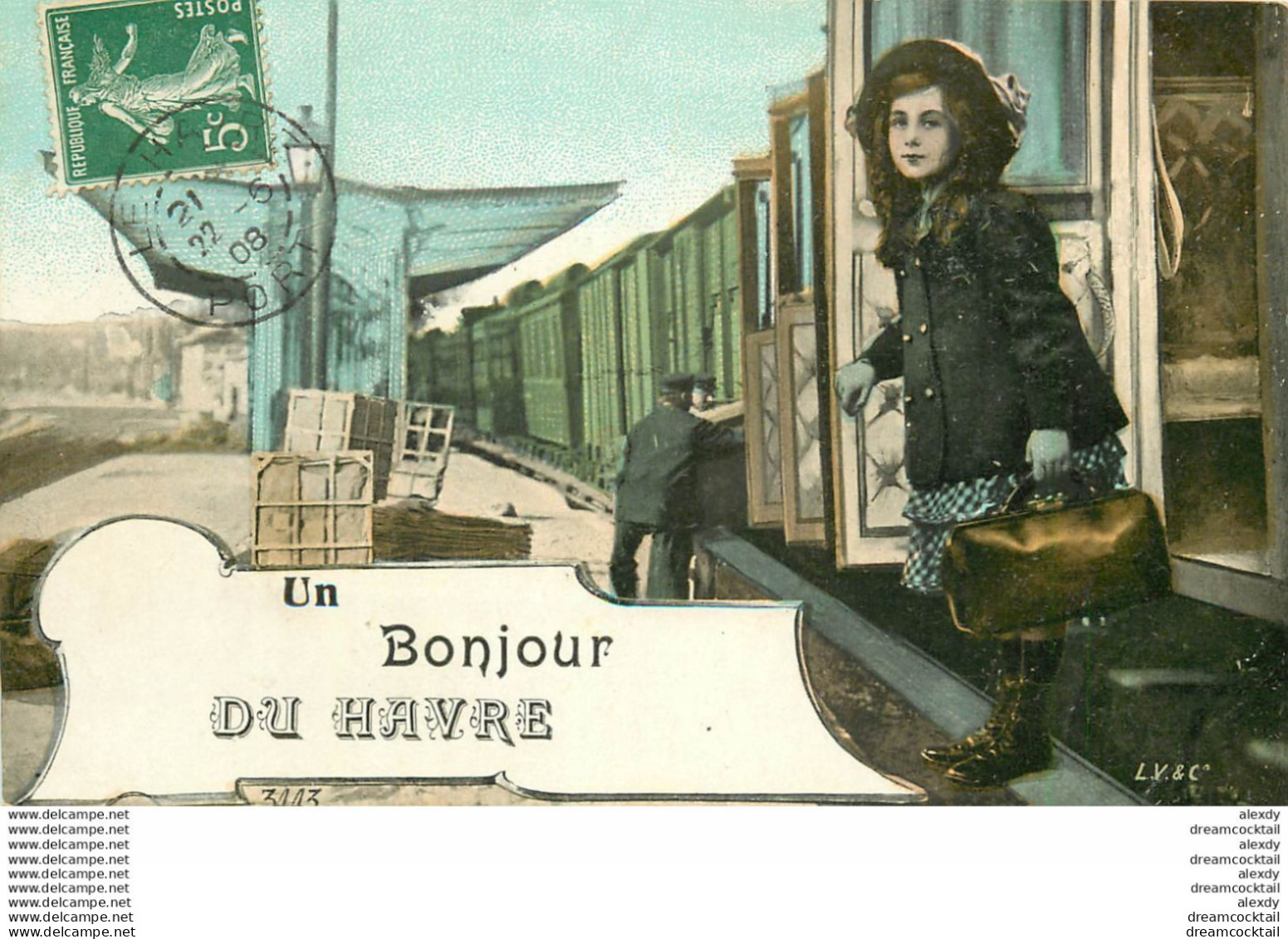 (XX) Carte Montage Gare Train Locomotive Voyageuse Voyageur. J'arrive Ou Pars LE HAVRE 76 En 1908 - Stazioni