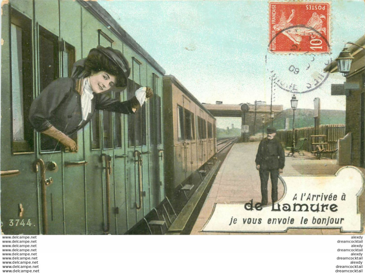 (XX) Carte Montage Gare Train Locomotive Voyageuse Voyageur. J'arrive Ou Pars LAMURE 69 En 1909 - Lamure Sur Azergues