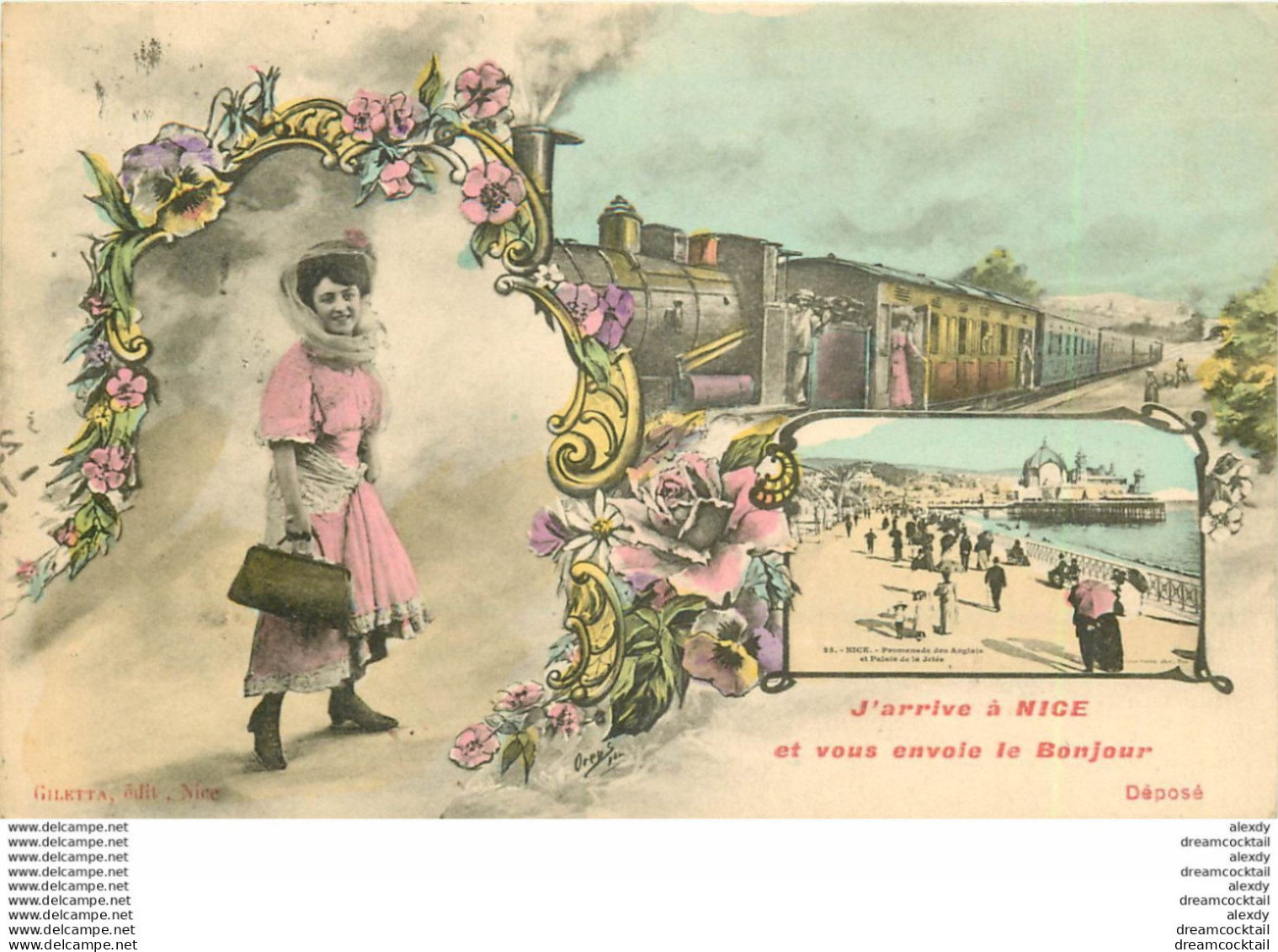 (XX) Carte Montage Gare Train Locomotive Voyageuse. J'arrive à NICE 06 En 1909 - Ferrocarril - Estación