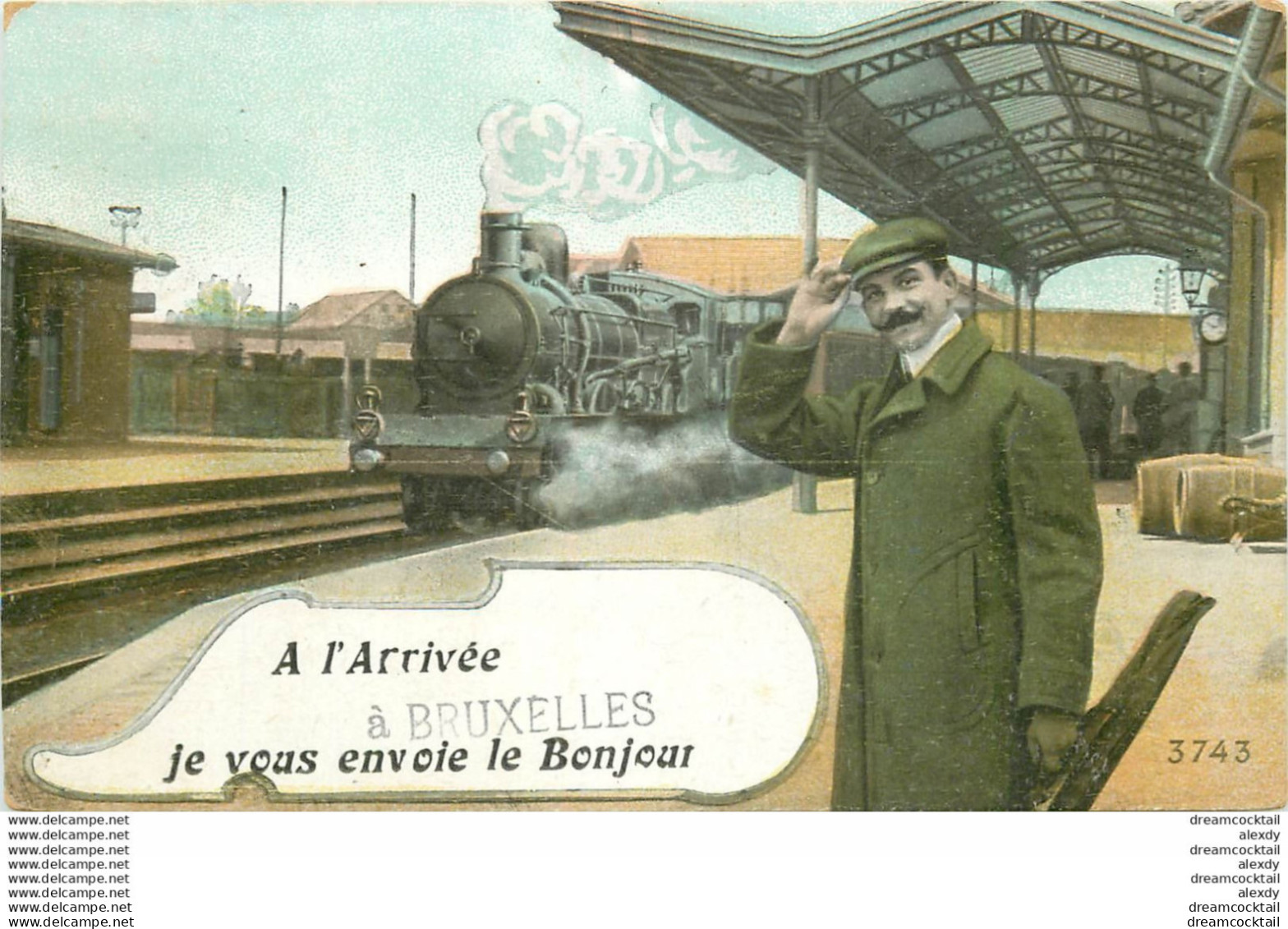 (XX) Carte Montage Gare Train Locomotive Voyageuse Voyageur. J'arrive Ou Pars BRUXELLES Vers 1910... - Vervoer (openbaar)