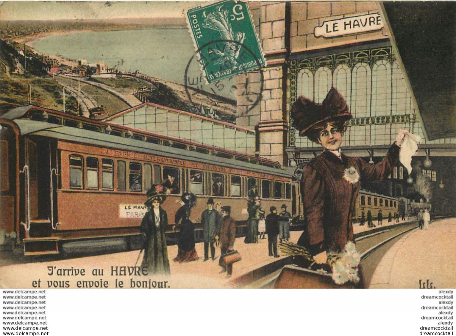 (XX) Carte Montage Gare Train Locomotive Voyageuse. J'arrive à LE HAVRE 76 Vers 1910 - Bahnhof