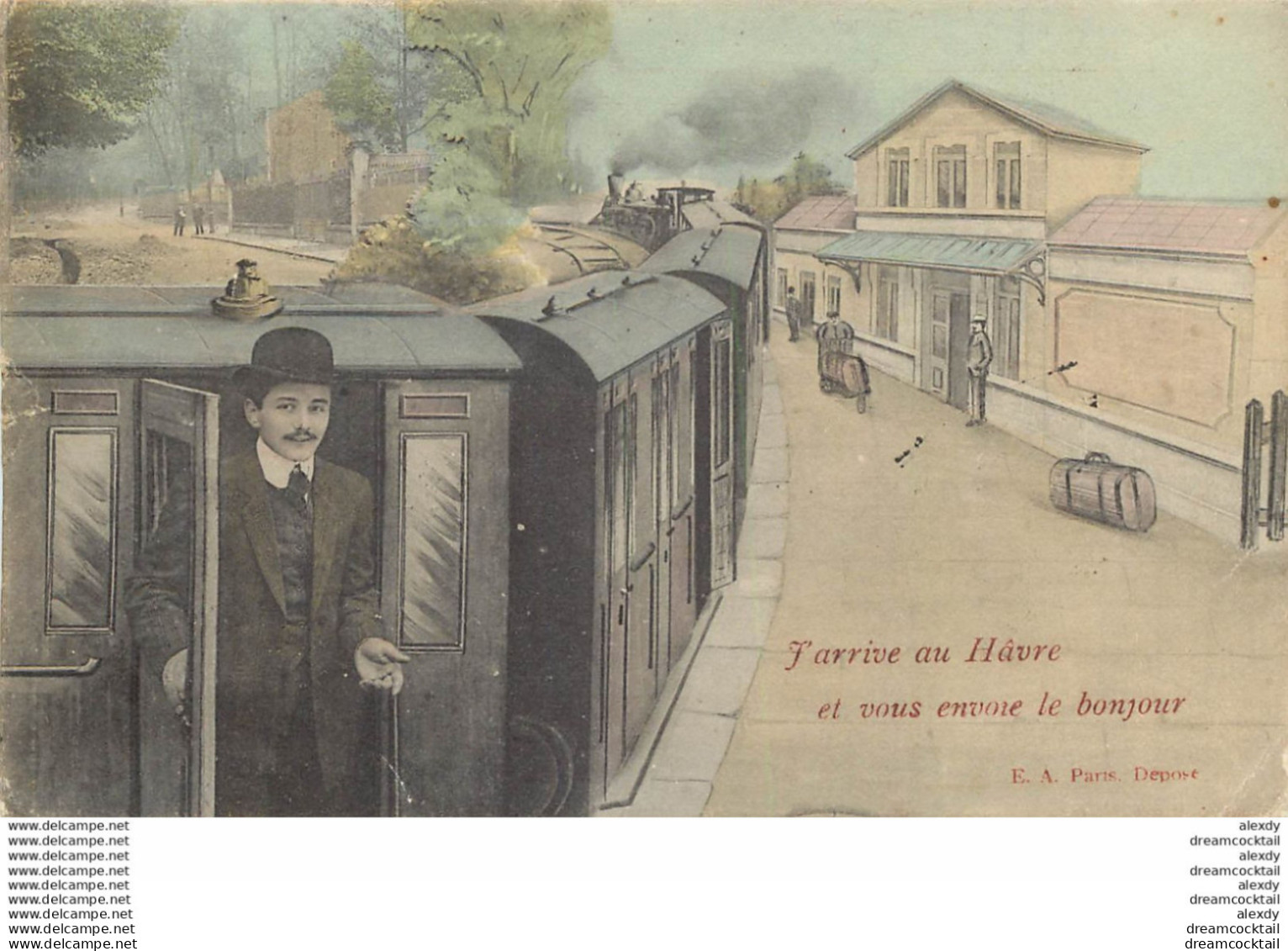(XX) Carte Montage Gare Train Locomotive Voyageuse. J'arrive à LE HAVRE 76 En 1909 - Bahnhof