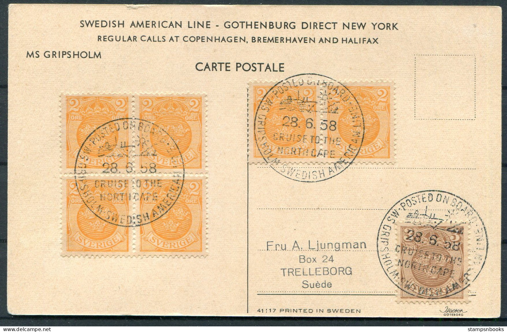 1958 Sweden Swedish American Line Postcard MS GRIPSHOLM "Cruise To The North Cape" - Covers & Documents