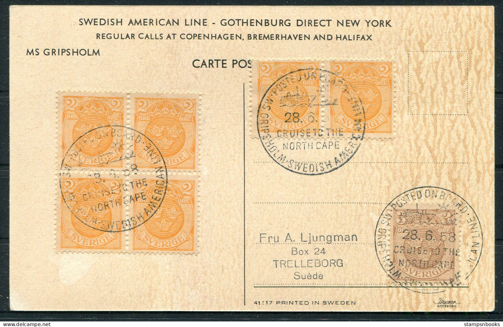 1958 Sweden Swedish American Line Postcard MS GRIPSHOLM "Cruise To The North Cape" - Storia Postale