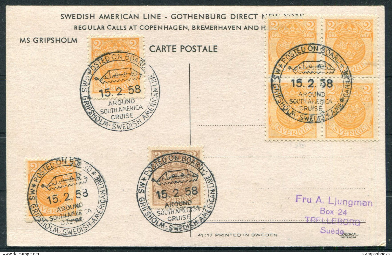 1958 Sweden Swedish American Line Postcard MS GRIPSHOLM "Around South America Cruise" - Briefe U. Dokumente