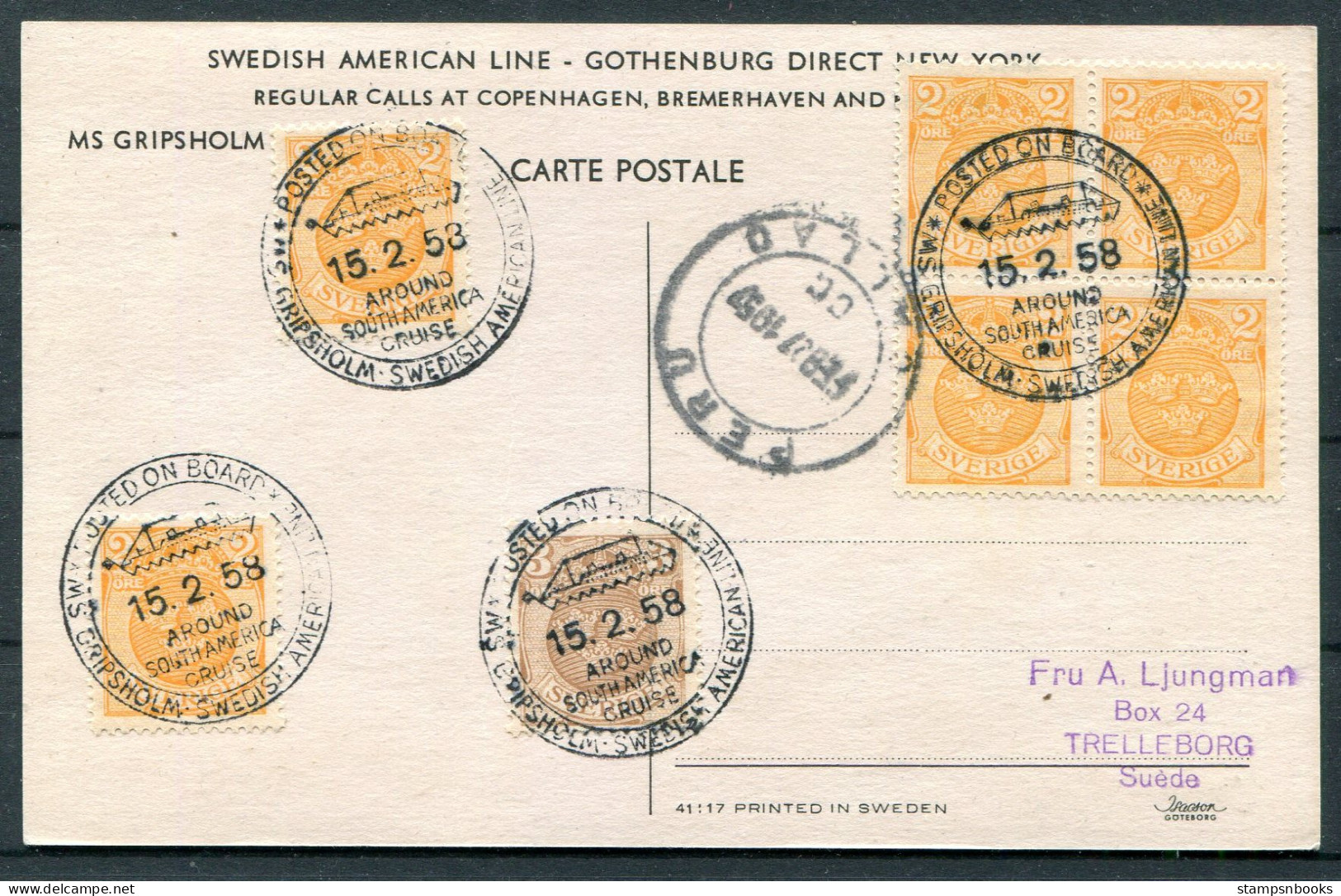 1958 Peru Sweden Swedish American Line Postcard MS GRIPSHOLM "Around South America Cruise"  - Storia Postale