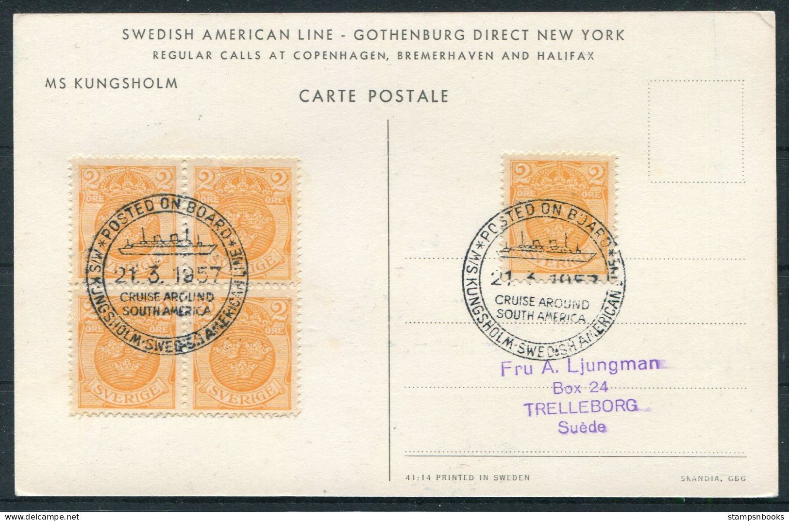 1957 Sweden Swedish American Line Postcard MS GRIPSHOLM "Cruise Around South America"  - Storia Postale