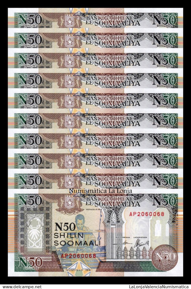 Somalia Lot 10 Banknotes 50 Shillings 1991 Pick R2b Large Serial Sc Unc - Somalië