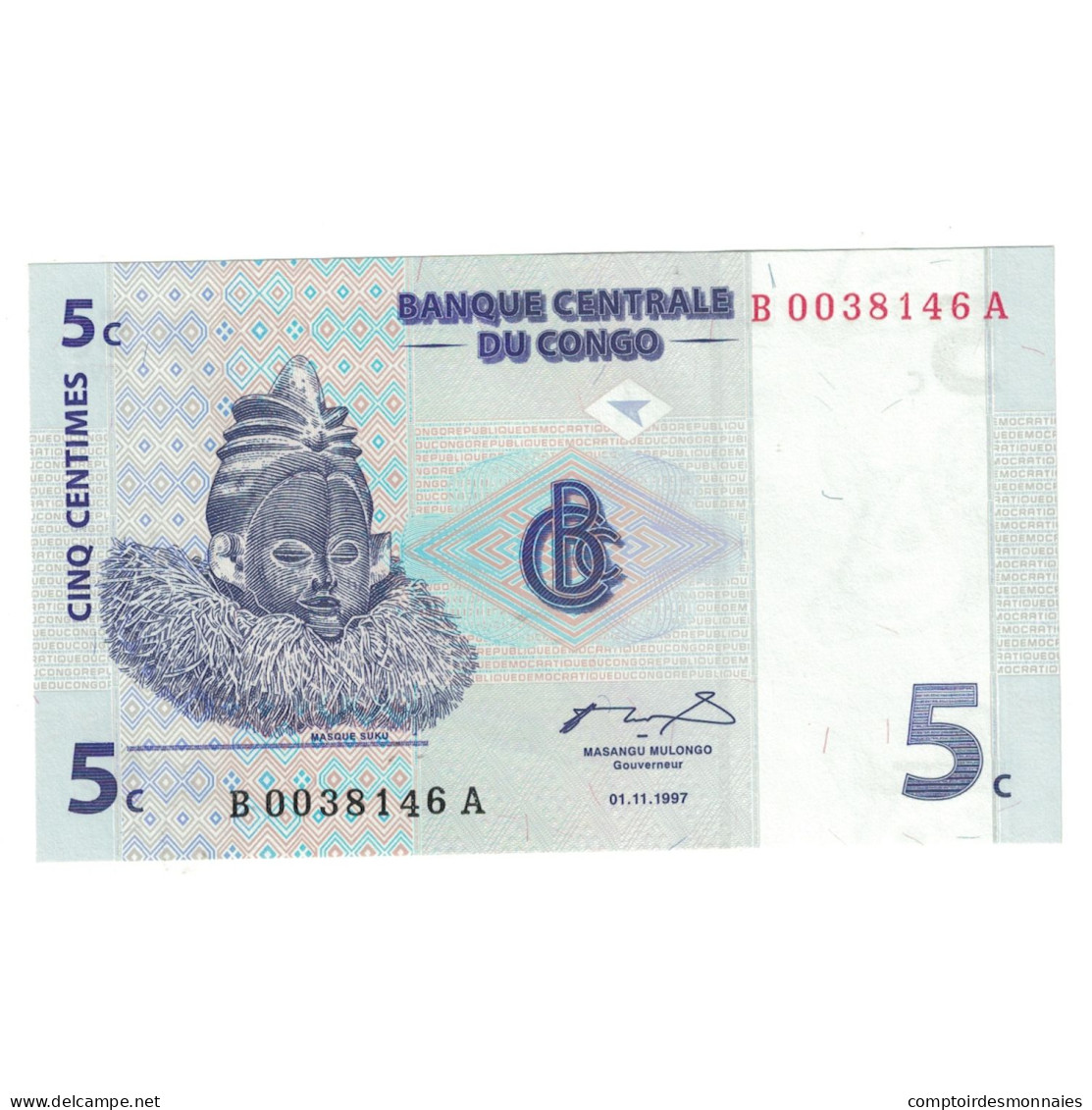 Billet, République Démocratique Du Congo, 5 Centimes, 1997, 1997-11-01 - République Démocratique Du Congo & Zaïre