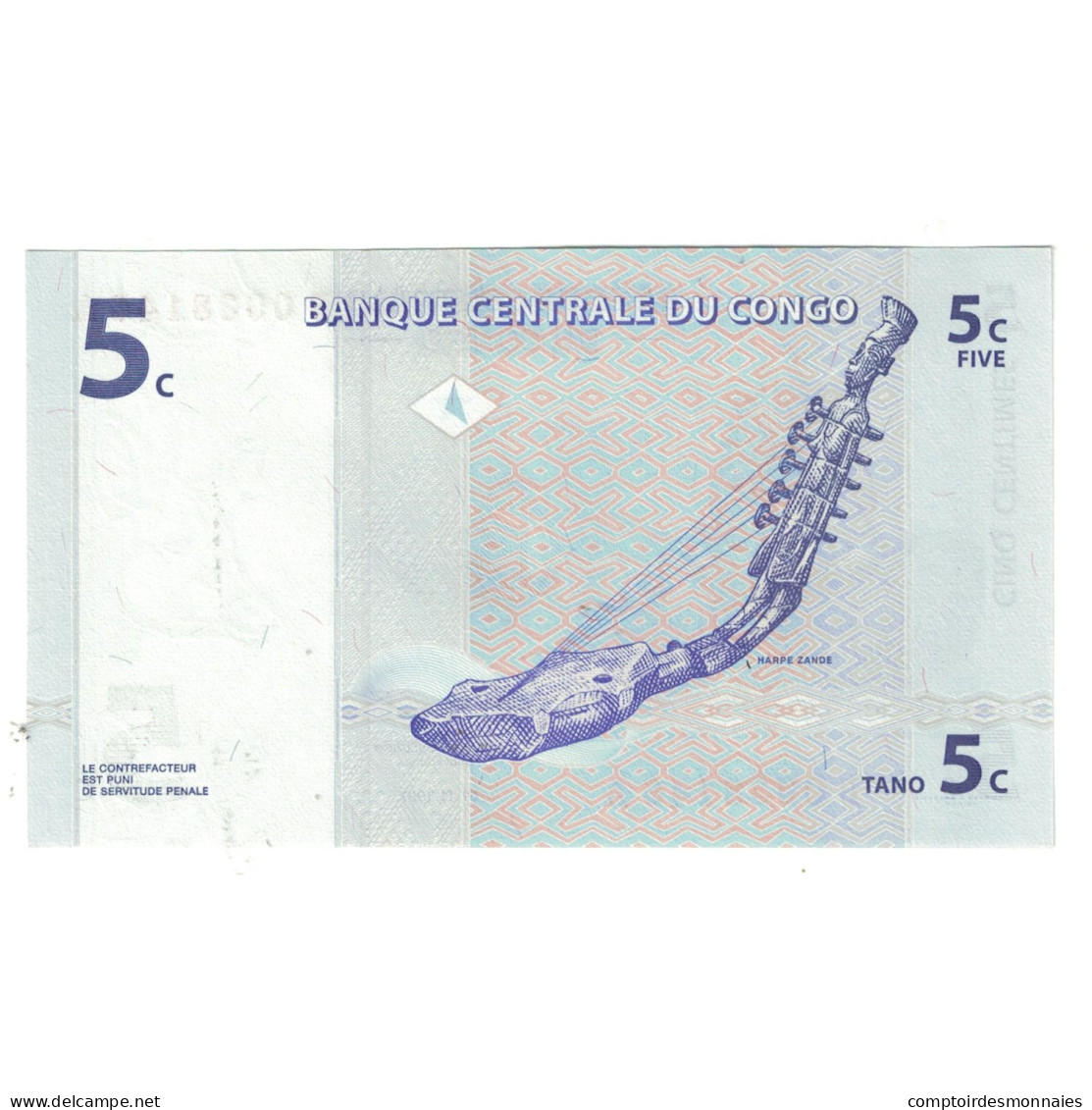 Billet, République Démocratique Du Congo, 5 Centimes, 1997, 1997-11-01 - República Democrática Del Congo & Zaire