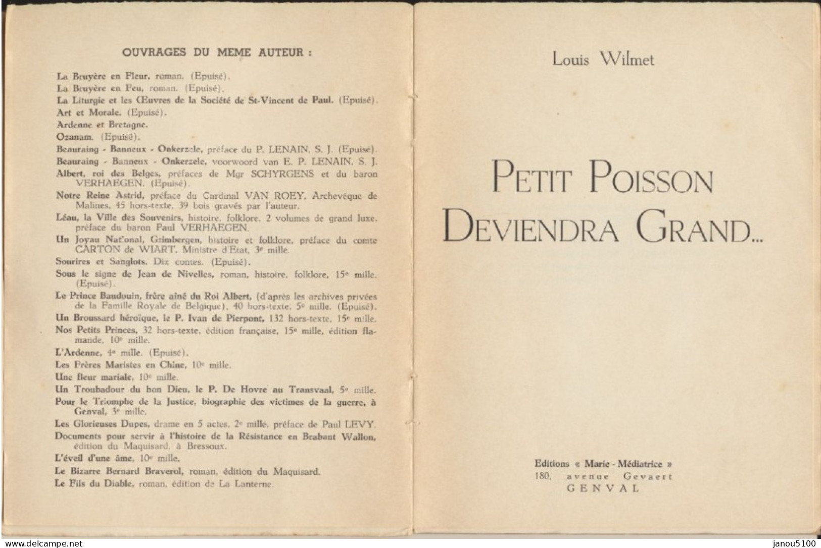 LIVRE  FRANCAIS     " PETIT POISSONS DEVIENDRA GRAND "  LOUIS  WILMET    ( POUR LES JEUNES)      1950. - Märchen