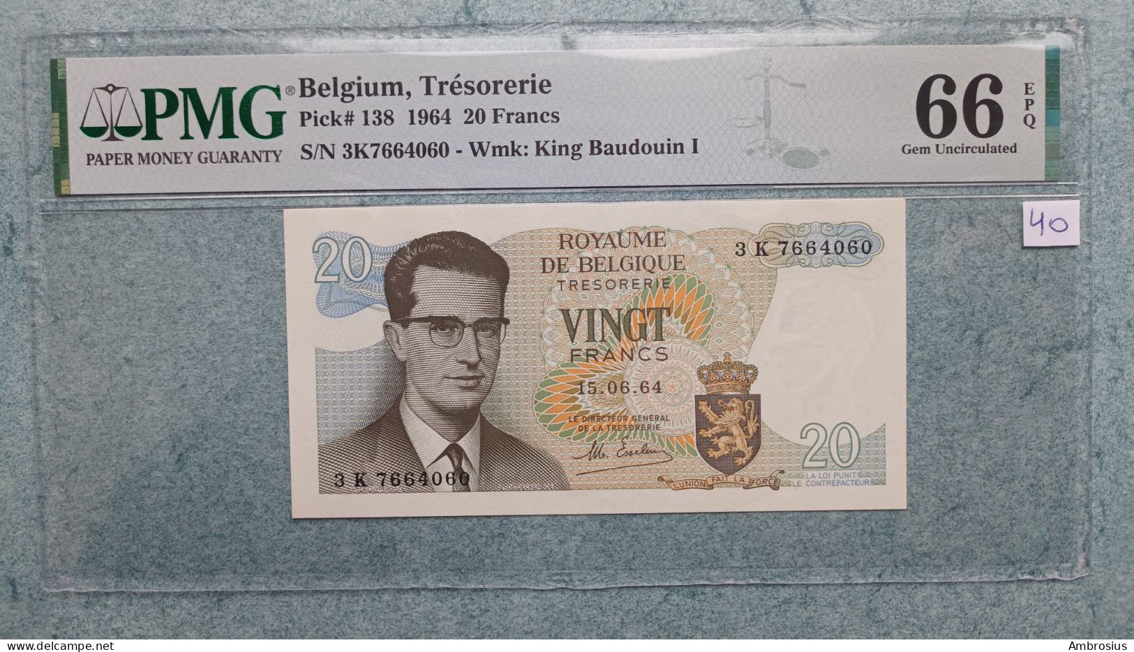 Belgique ▪︎ P138▪︎ Banque Nationale 20 Francs King Baldwin PMG 66 EPQ !! - Andere & Zonder Classificatie