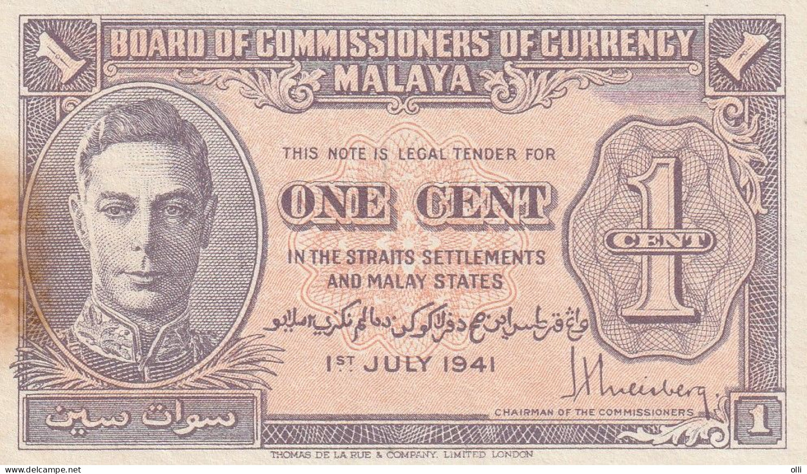 Malaya - 1 Cent - 1.7.1941   P- 6 - Malaysia UNC BUT MARK OF TAPE ON LEFT SIDE - Malaysie