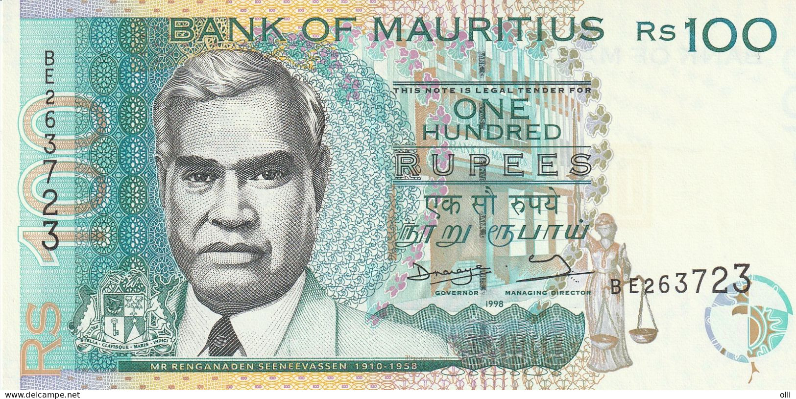 MAURITIUS 100 RUPEES 1998  P-44a Signature 6 UNC. - Mauritius