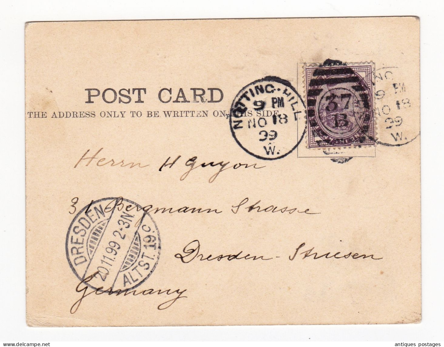 Post Card 1899 London Noting Hill Dresden Deutschland Stamp Queen Victoria Postage And Inland Revenue Penny Lilac - Storia Postale