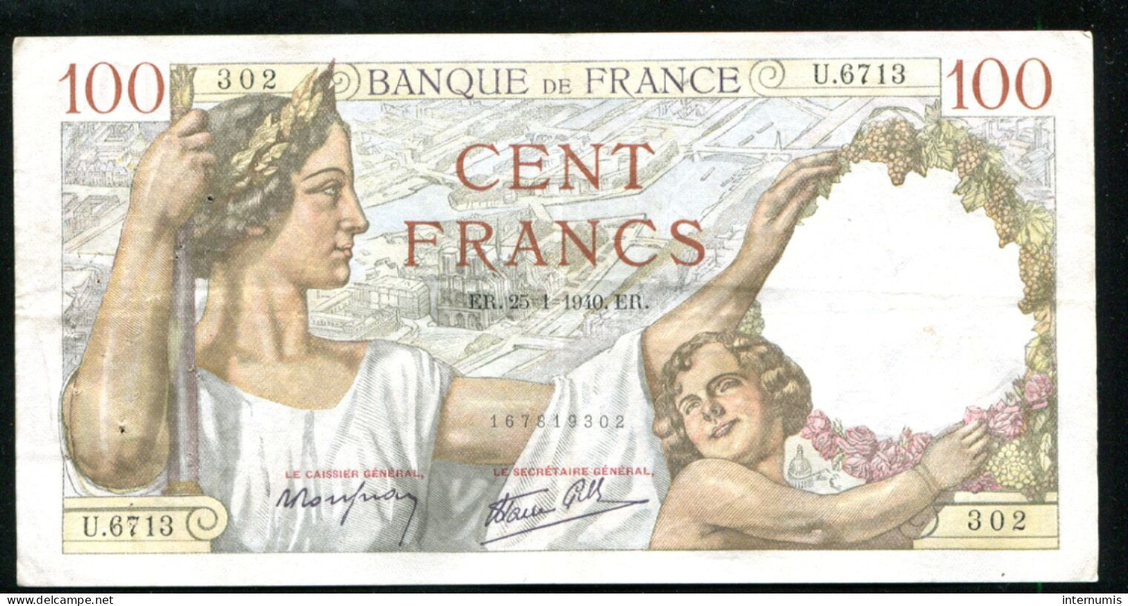 France, 100 Francs, SULLY, 1940, N° : U.6713-302, TTB (VF), Pick#94, F.26.21 - 100 F 1939-1942 ''Sully''