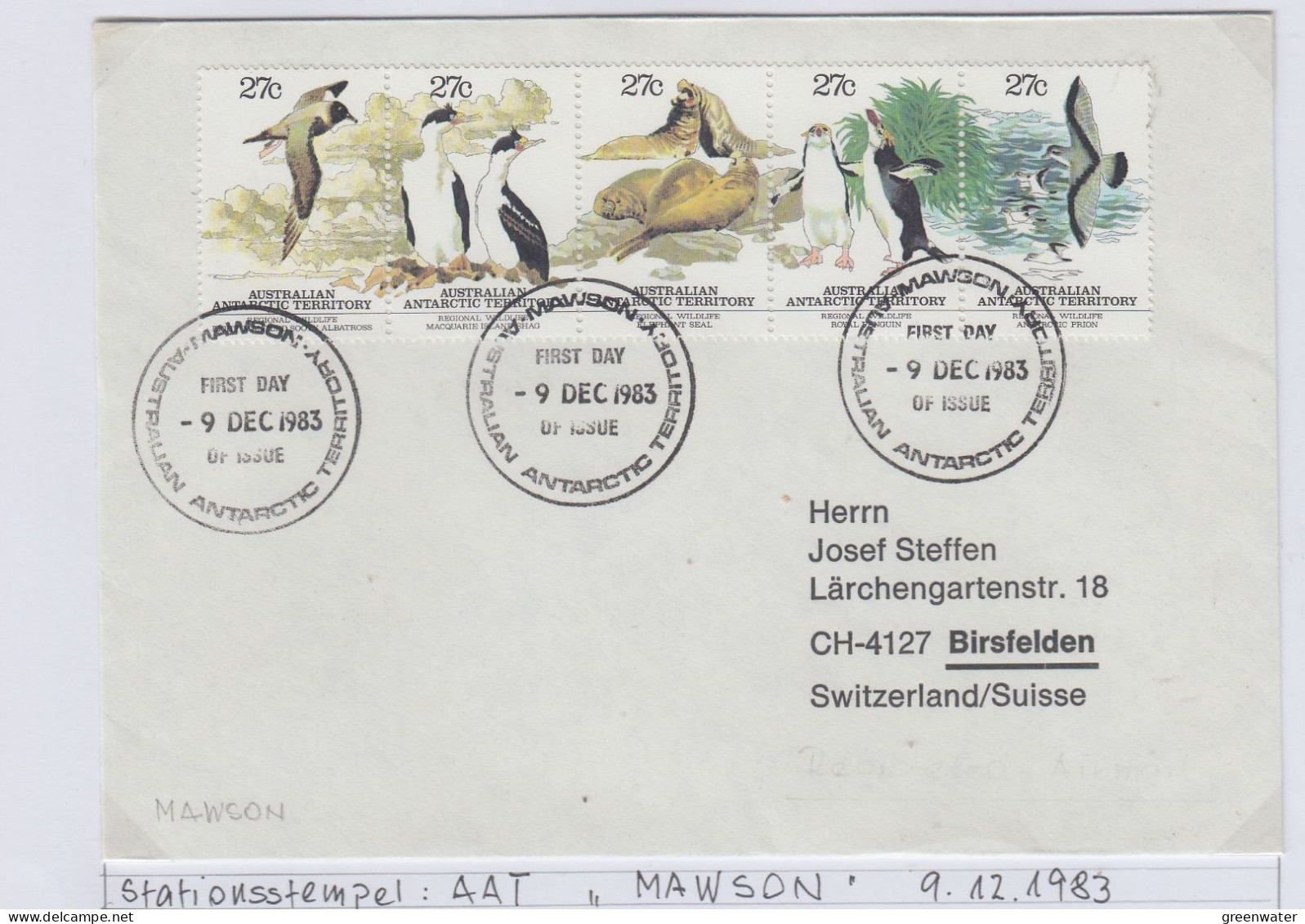 AAT 1983 Antarctic Wildlife Strip Of 5v  FDC Ca Mawson (AS154) - FDC