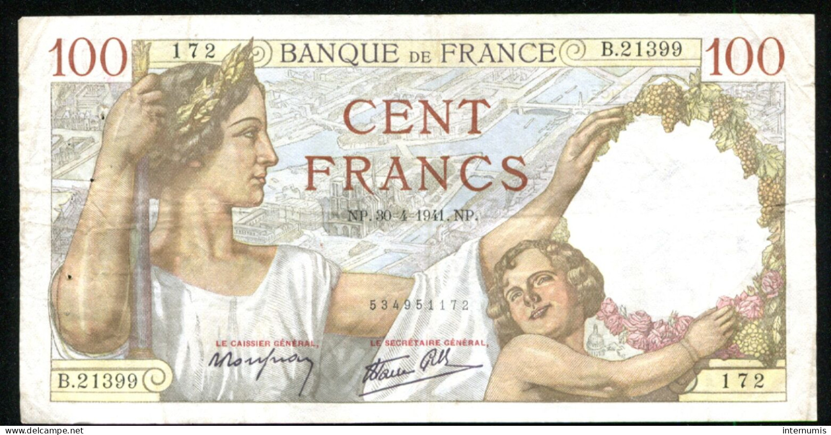 France, 100 Francs, SULLY, 1941, N° : B.21399-173, TTB (VF), Pick#94, F.26.51 - 100 F 1939-1942 ''Sully''