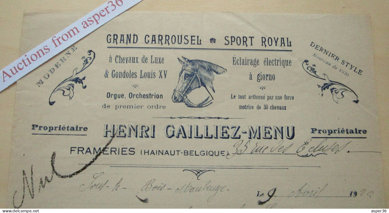 Grand Carrousel-Sport Royal H Gailliez-Menu, Rue Des Ecluses,  Frameries 1920 (foire / Kermis) - 1900 – 1949