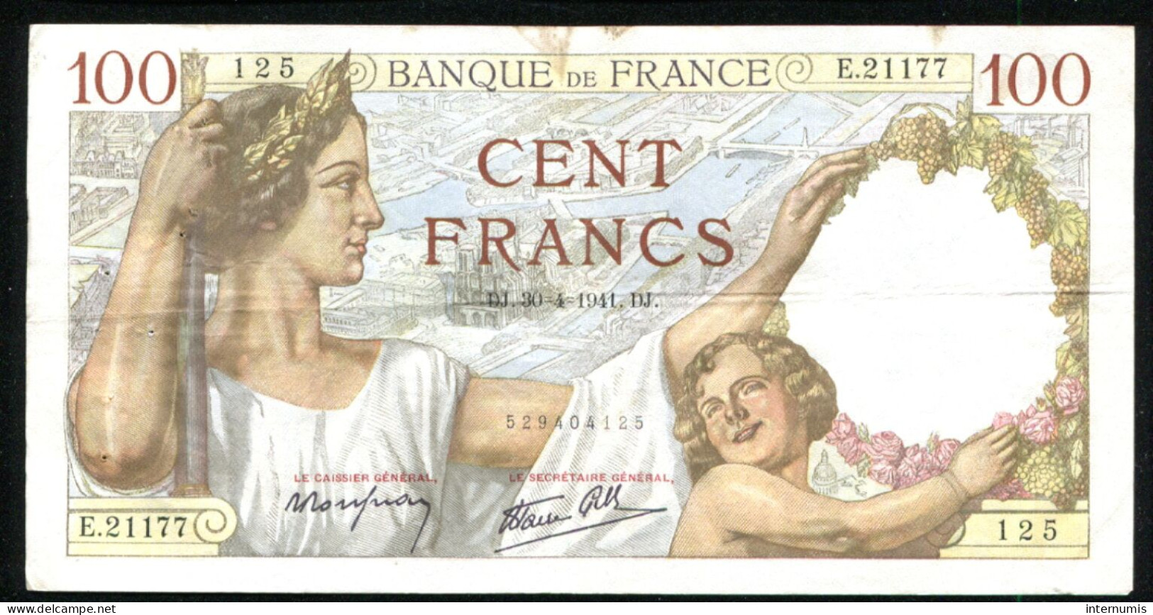 France, 100 Francs, SULLY, 1941, N° : E.21177-125, TTB (VF), Pick#94, F.26.51 - 100 F 1939-1942 ''Sully''