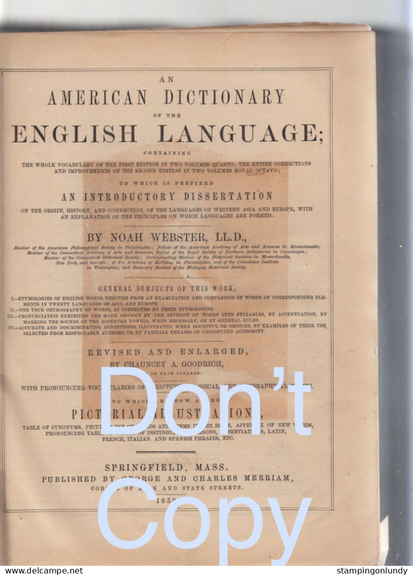 06. An American Dictionary Of The English Language By Noah Webster 1859 Merriam Price Slashed! - 1850-1899