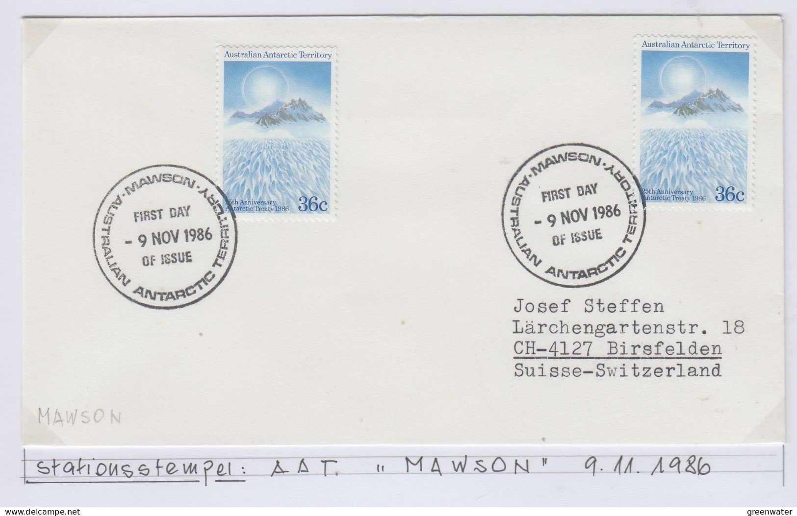 AAT 1986 Antarctic Treaty 2x1v FDC Ca Mawson  (AS155) - FDC